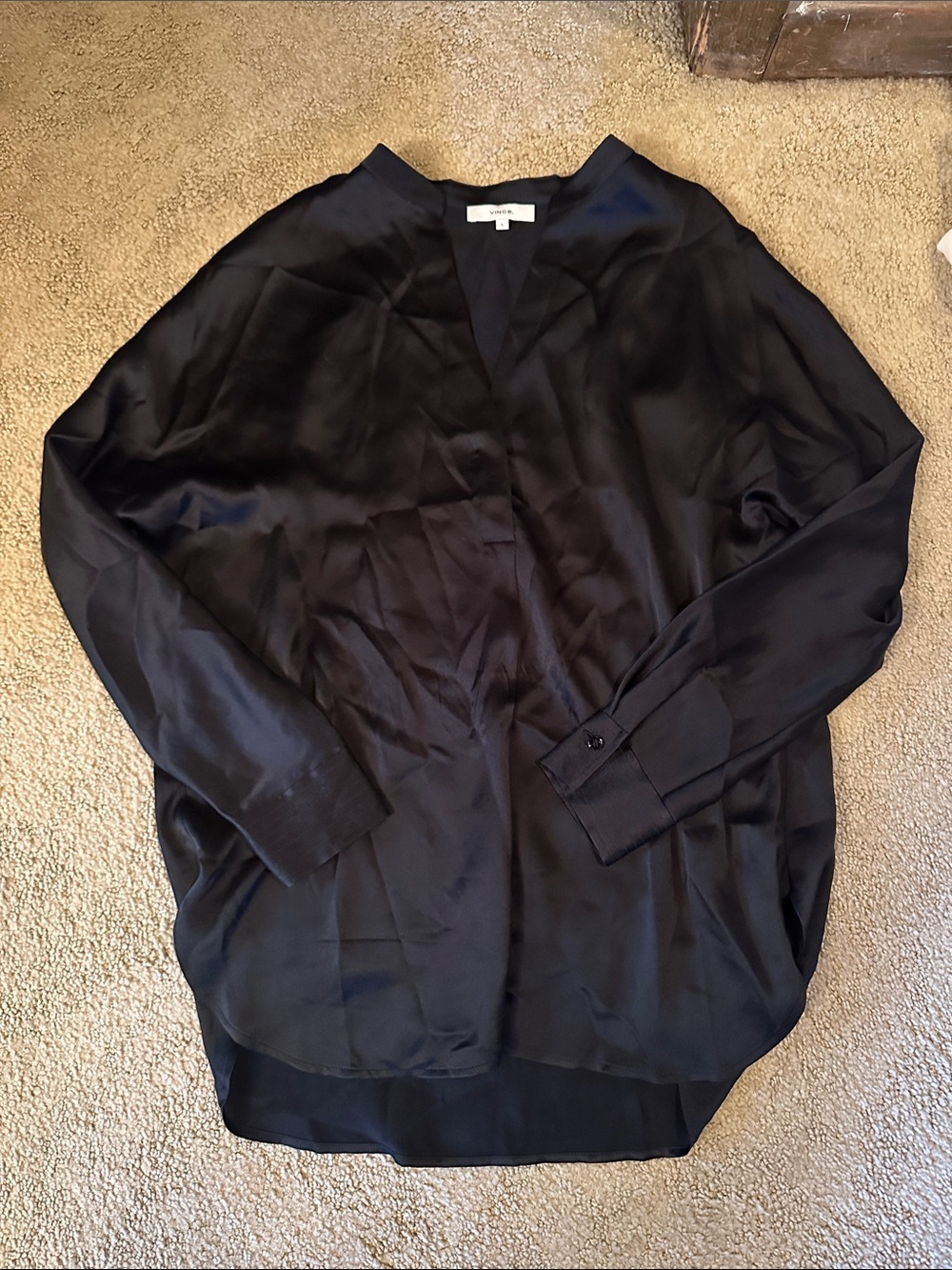 Vince Black Satin V-Neck Long Sleeve Blouse